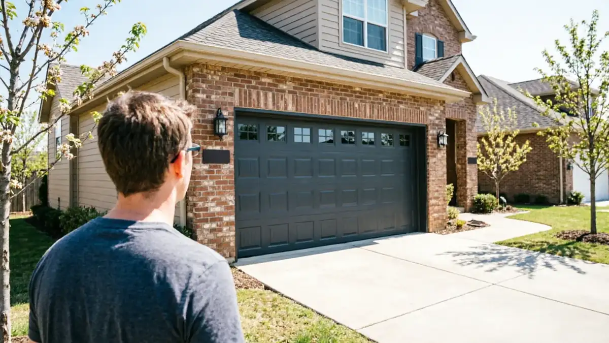 A man in a gray shirt looks at a dark gray garage door on a brick house.