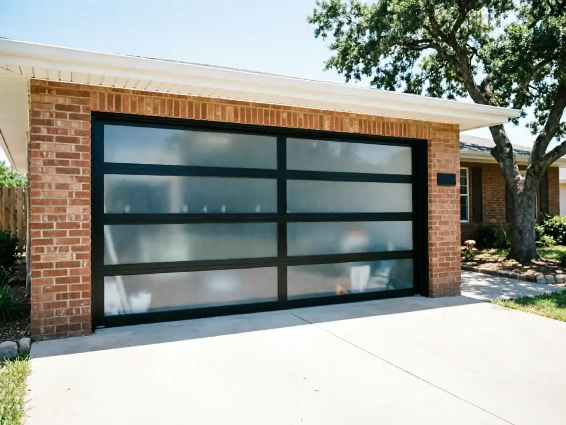 A modern garage door with frosted glass panels is set in a brick house.