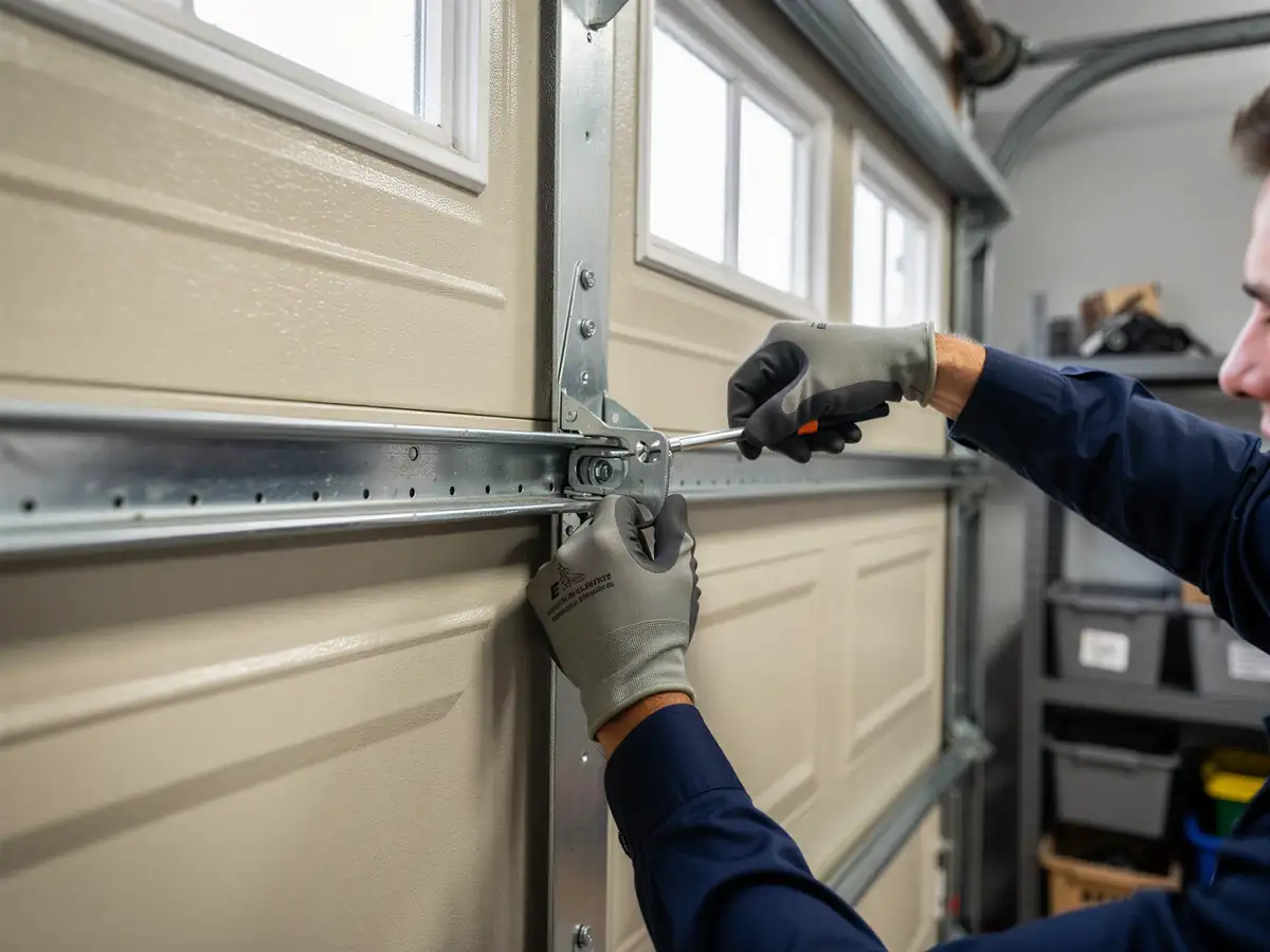 A technician in gloves adjusts a beige garage door with a screwdriver.