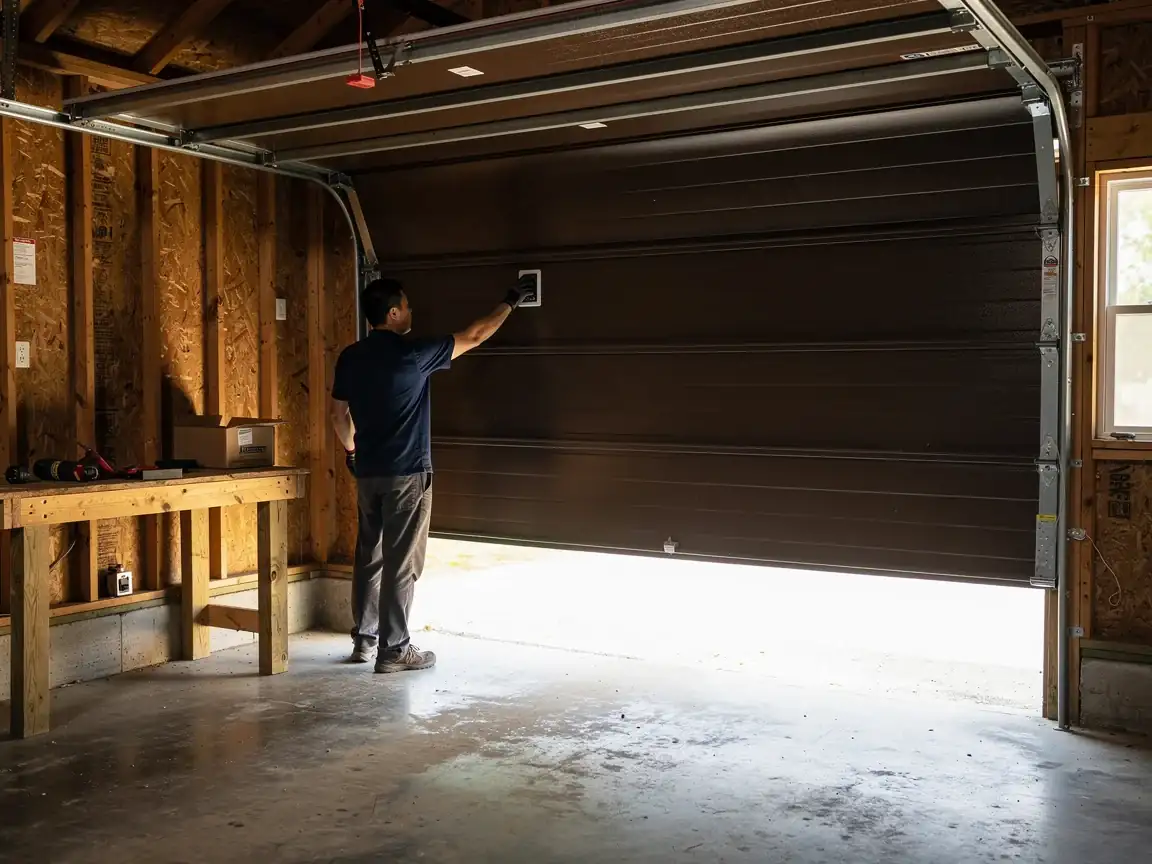 A technician in a blue shirt is adjusting a brown garage door.