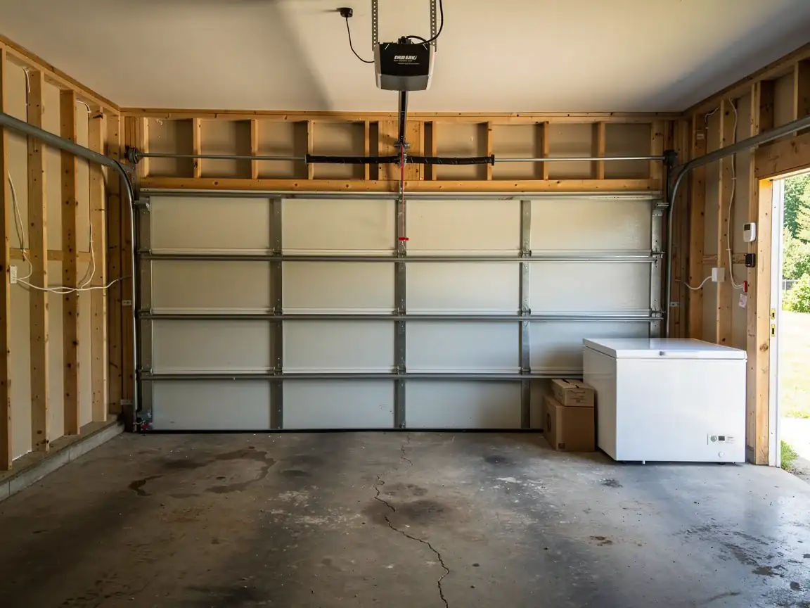 A white garage door is closed inside a garage with exposed wood studs.