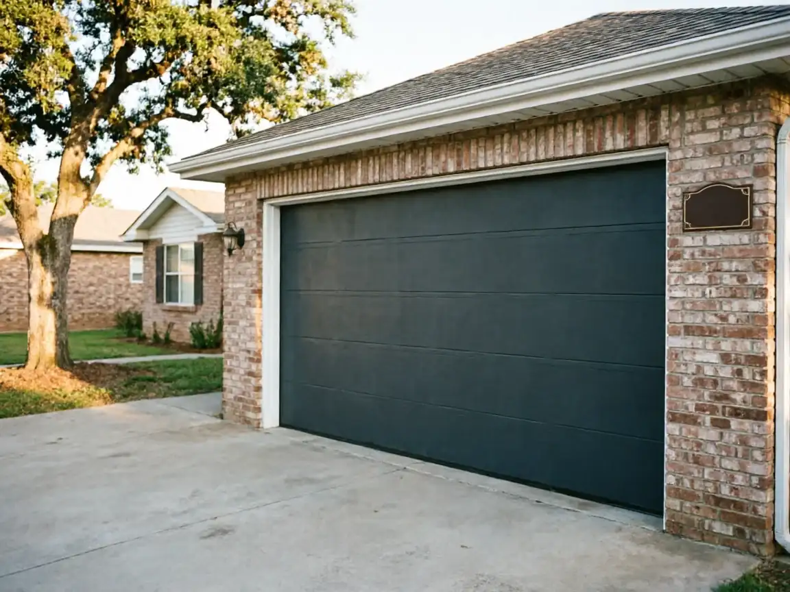 A dark gray garage door is on a brick house with a large tree.