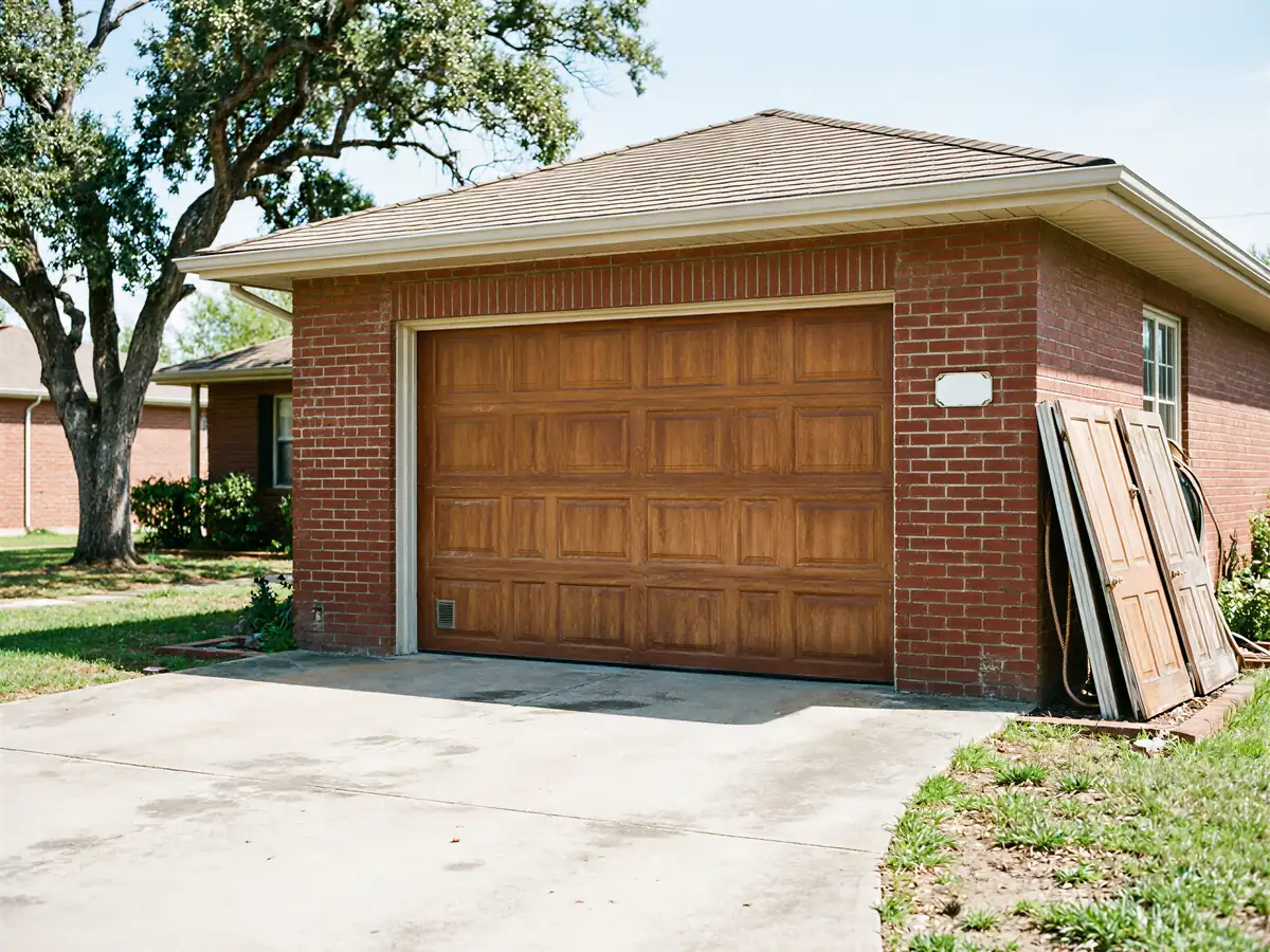 A brown paneled garage door is on a brick house with a concrete driveway.