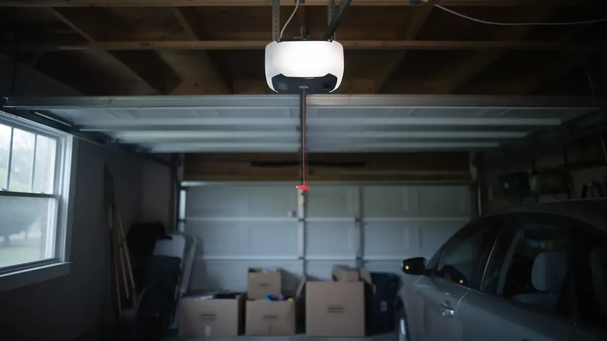 A garage door opener hangs above a partially open garage door and a car.