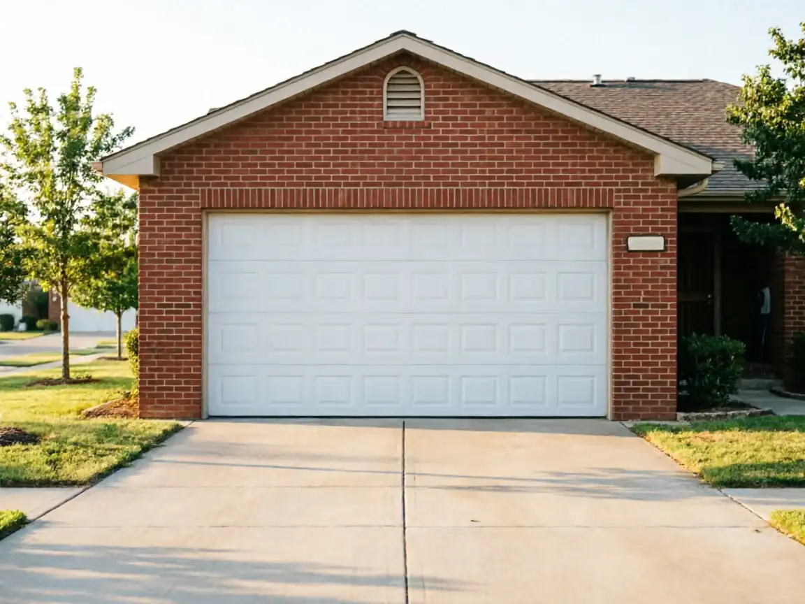 A white paneled garage door is on a red brick house with a concrete driveway.